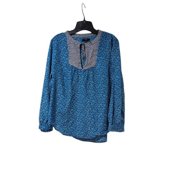J. Crew Blue Flowerpatch Print Plus Sz Silk Blend Front Tie Peasant Blouse Sz 14 - Picture 1 of 6